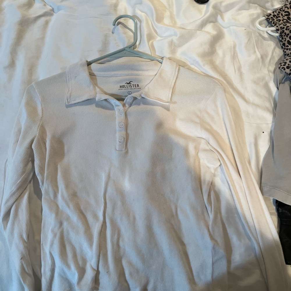 Hollister Cream Ribbed Long Sleeve Polo